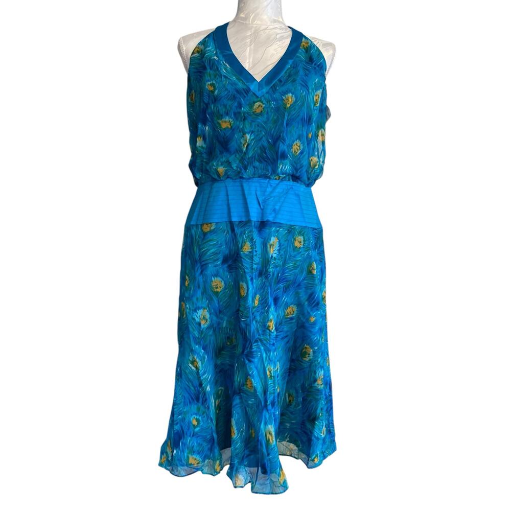 NWT Y2K Laundry by Shelli Segal Blue Floral Silk Halter Neck Sexy Dress Size 10